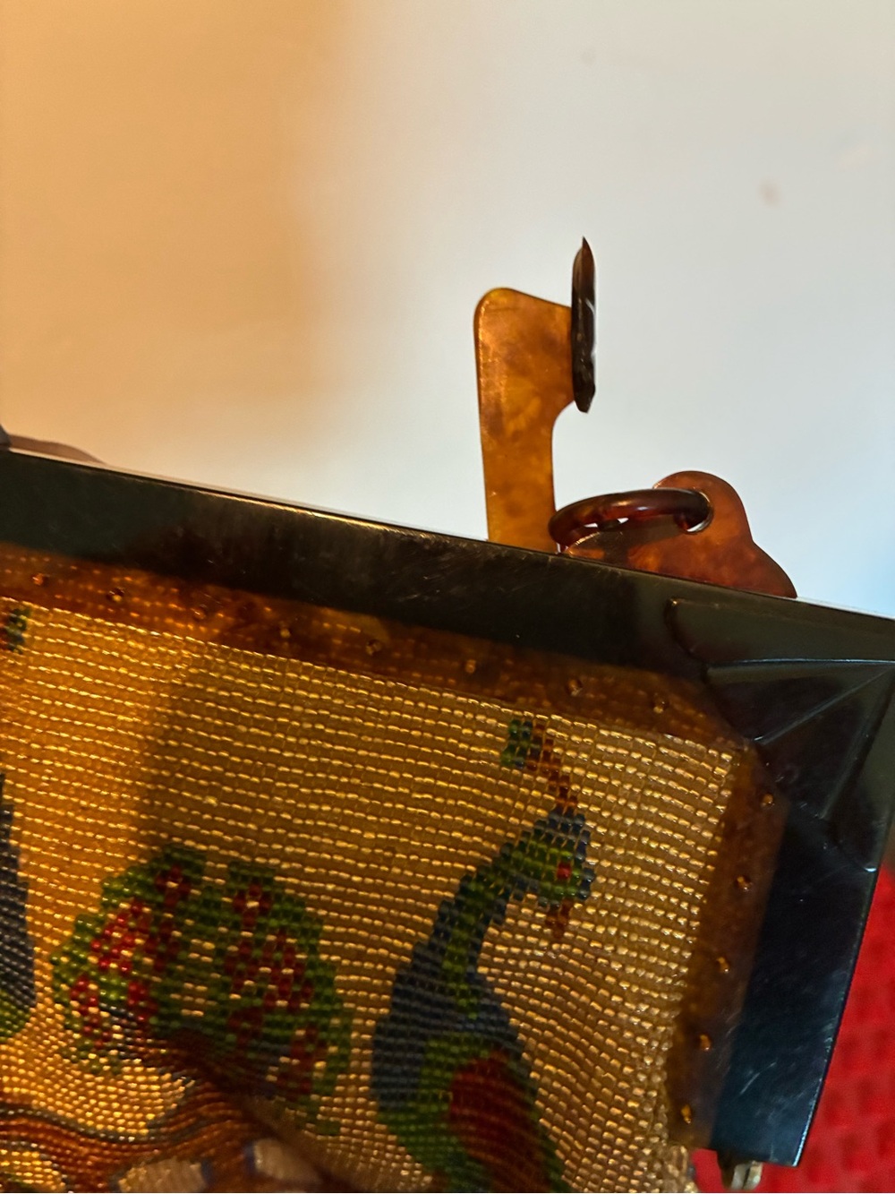 Whiting & Davis Gold Beaded Mini Bag with Multicolor Peacock Motif - Picture 6 of 7
